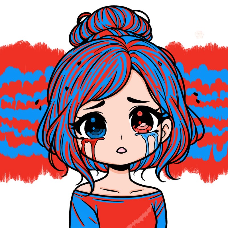 a beautiful crying girl with short hair in a tiny messy bun and looks emotionless