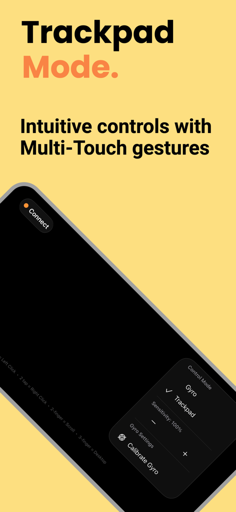 PhoneMouse - Mouse Alternative - PhoneMouse app screen showing Trackpad Mode with multi-touch gestures for Mac