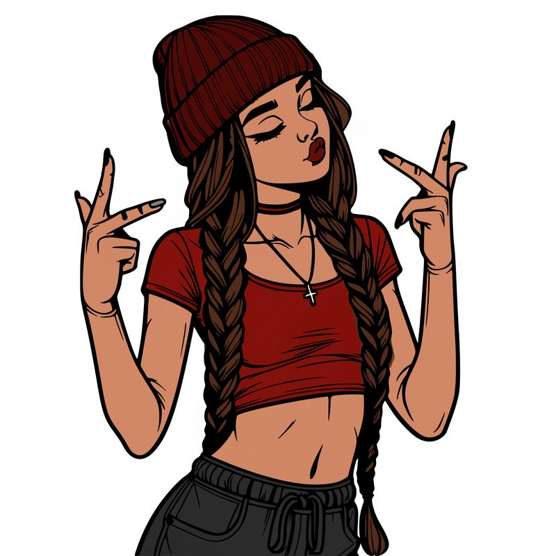 realistic teenage girl with braids and a beanie and crop top doing 🫶🏼