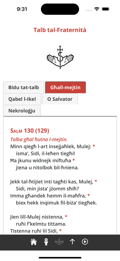 Il-Brevjar - Interface of the Il-Brevjar app showing the Fraternity Prayers section with Psalm 130 in Maltese
