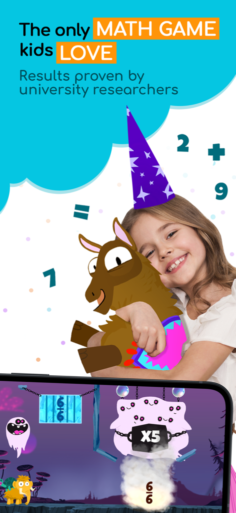 Math Makers: Kids School Games - A smiling girl hugging a cartoon llama surrounded by math symbols and a gameplay screen.