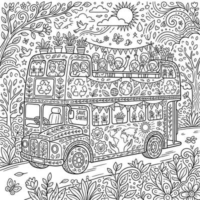 Hop aboard this festive open-top bus as it celebrates Earth Day with a joyous parade of children and eco-friendly decorations. This detailed coloring page is perfect for engaging young minds in environmental awareness and creative expression.