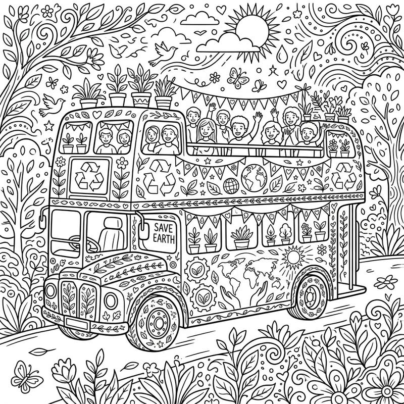 Hop aboard this festive open-top bus as it celebrates Earth Day with a joyous parade of children and eco-friendly decorations. This detailed coloring page is perfect for engaging young minds in environmental awareness and creative expression.
