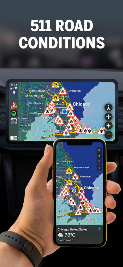 Aplicativo de navegação meteorológica mostrando condições de estrada 511 no CarPlay e iPhone