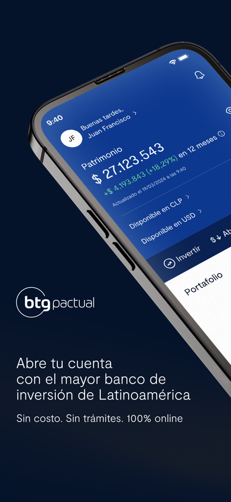 BTG Pactual Chile Inversiones - BTG Pactual Chile Inversiones app dashboard showing investment portfolio on a smartphone