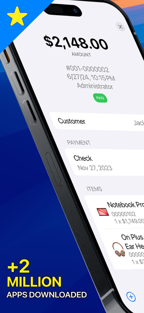 Cash Register for Business - Smartphone screen displaying a detailed payment receipt in the Cash Register for Business app