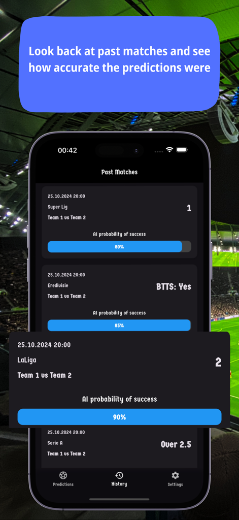 BetLogic AI: Daily predictions - BetLogic AI mobile app screen displaying a history of past match predictions and their AI calculated probability of success