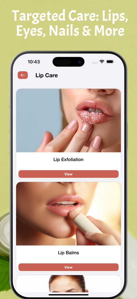Skin Care: Beauty Tips Offline - App interface showing targeted lip care guides for exfoliation and balms.