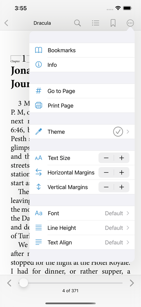 Bluefire Reader app interface showing an ebook with an open menu for customizing text size, margins, font, and theme.