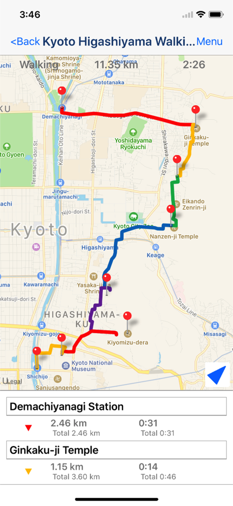 Route Maker app interface showing a multi-stop walking route on a map of Kyoto with distances and travel times