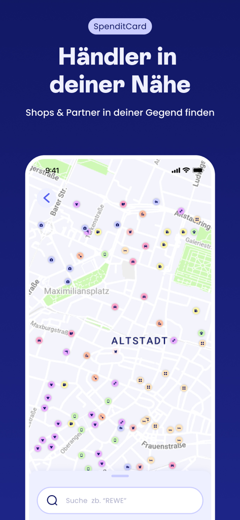 Spendit App-Karte, die lokale Händler und Partnergeschäfte anzeigt, in denen die SpenditCard verwendet werden kann
