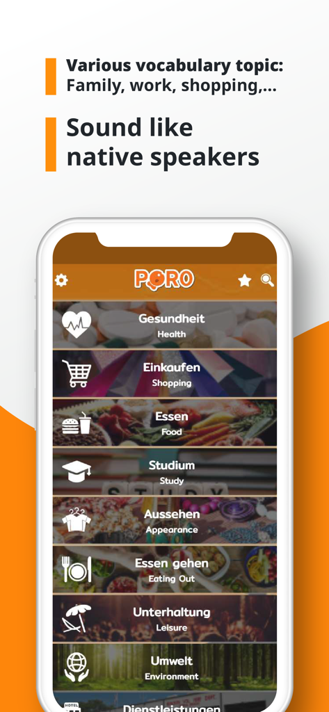 PORO - German Vocabulary - Oberfläche der PORO Deutschen Vokabel-App, die verschiedene Lektionskategorien wie Gesundheit, Einkaufen und Studium anzeigt