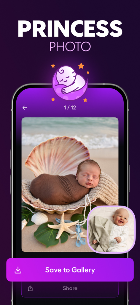 AI生成のお姫様写真。ビーチの貝殻に座る赤ちゃん