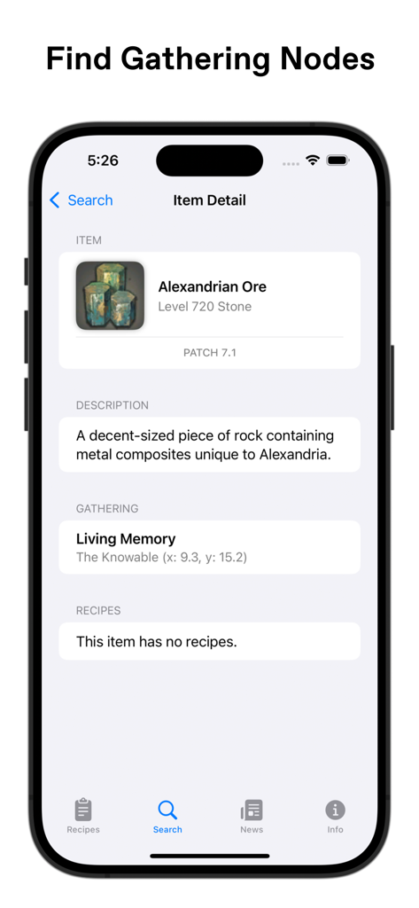 XIV Helper - Interfaz de la aplicación XIV Helper mostrando la ubicación del nodo de recolección para Mineral de Alexandro en Final Fantasy XIV