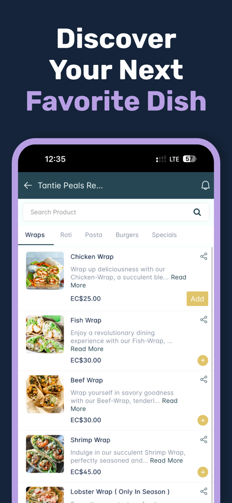 Island Eats - Island Eats app menu screen displaying various food wrap options and prices from a local Bequia restaurant