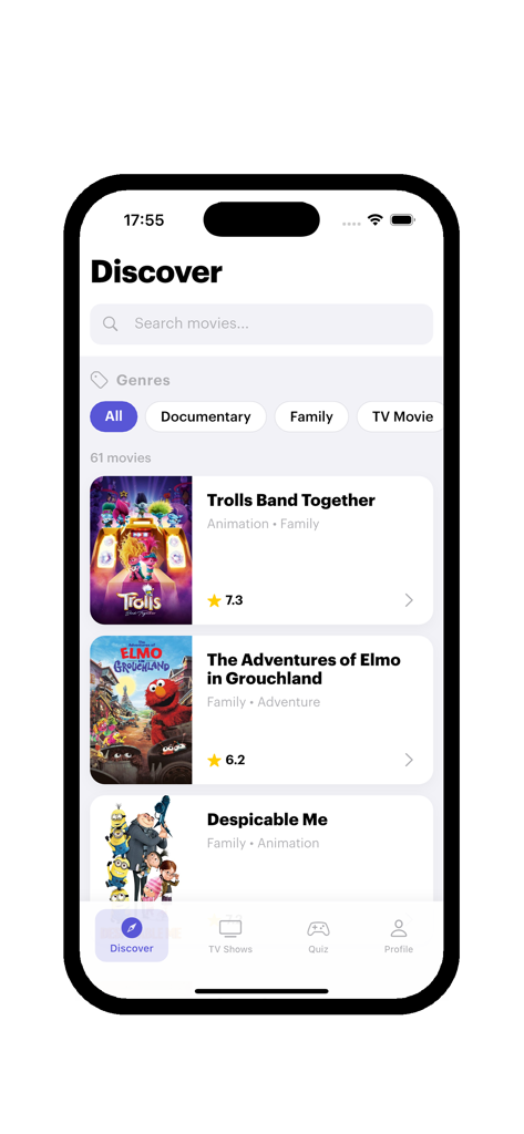 Cintraily - Movies & Shows - Écran de découverte de l'application Cintraily présentant des affiches de films, des notes et des catégories de genres.