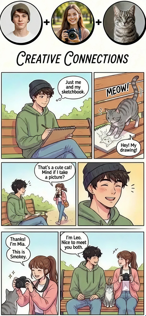 KAI webtoon comic maker - A webtoon panel titled Creative Connections showing two people and a cat meeting in a park