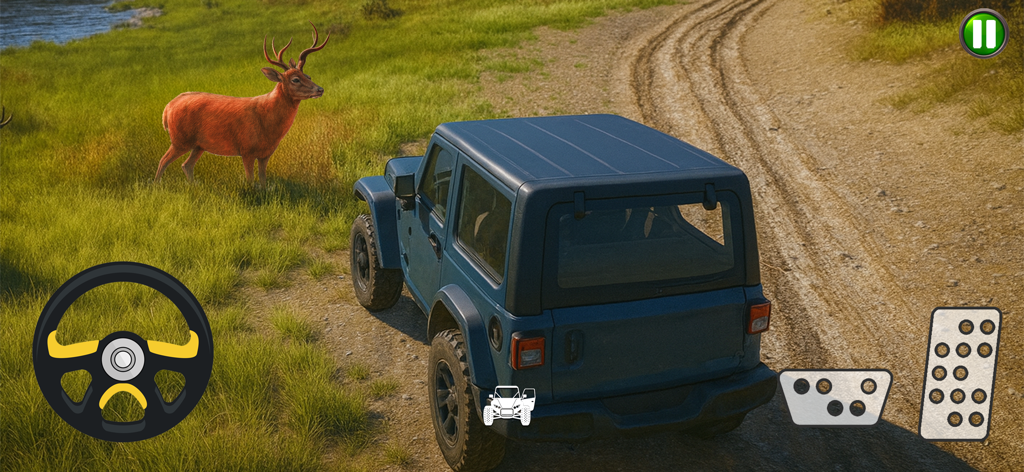 Ein blaues Geländefahrzeug auf einem Feldweg neben einem Hirsch in einer Landschafts-Jagdsimulation.