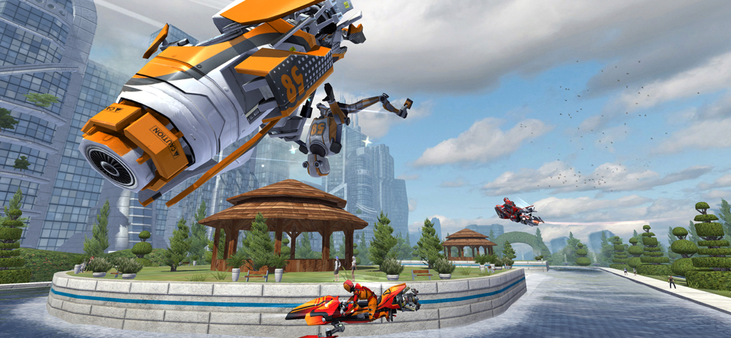 Riptide GP: Renegade - Un hidrorreactor naranja realiza una acrobacia aérea sobre un parque urbano futurista en Riptide GP Renegade