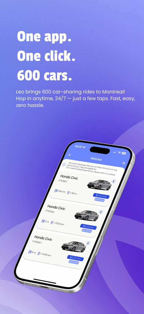 Leo Autopartage - Carshare - Leo carsharing app interface showing available cars and rental prices in Montreal