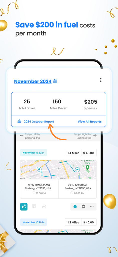Zeo Route Planner mobile app showing a monthly summary of drives, miles, and fuel savings report