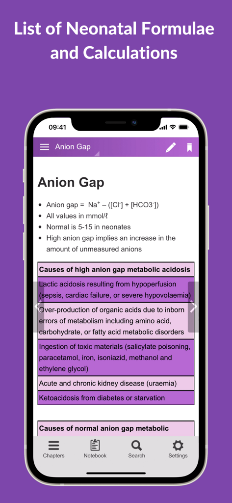 Neonatal Guide - Screenshot of the Neonatal Guide app showing the Anion Gap formula and causes of high anion gap metabolic acidosis.
