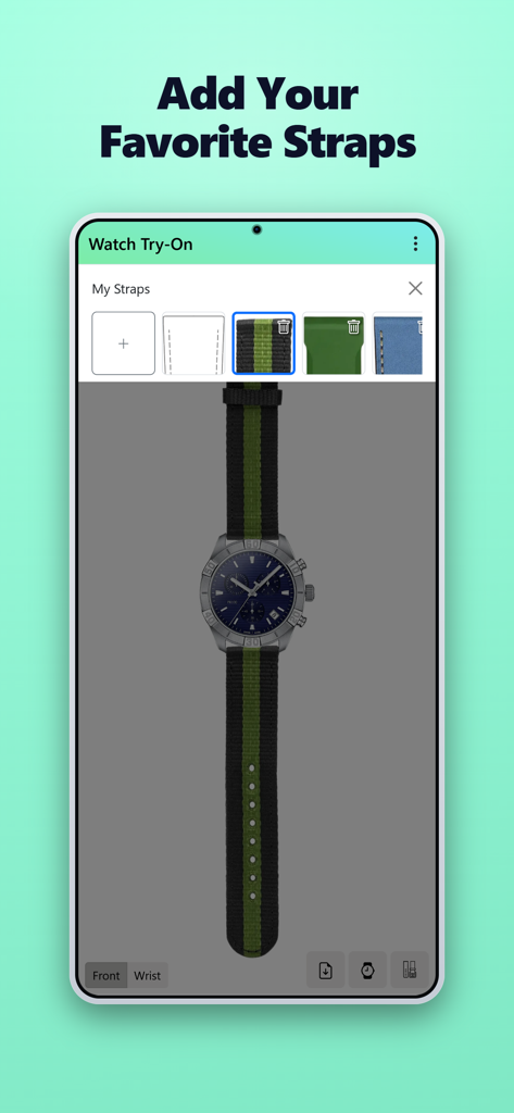 A mobile interface from the Watch Try-On app showing a chronograph watch with a striped NATO strap and a selection of alternative straps