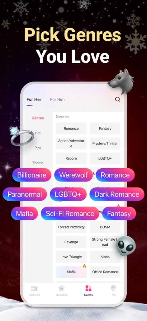 NovelFlow app interface showing various book genres and tropes to pick from like Billionaire, Werewolf, and Romance.