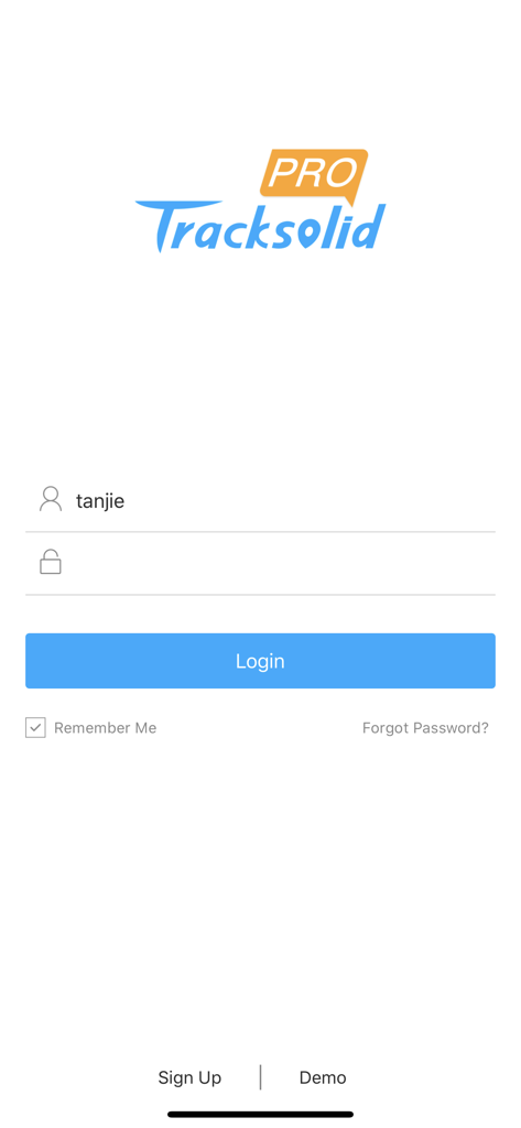 Tracksolid Pro - Pantalla de inicio de sesión de Tracksolid Pro con campos de entrada de nombre de usuario y contraseña y un botón de inicio de sesión azul