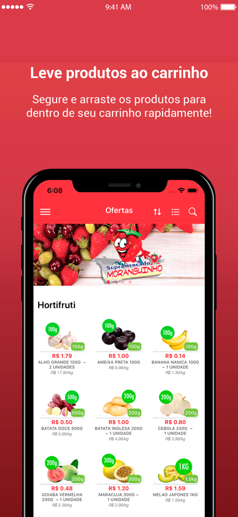 Supermercado Moranguinho - Supermercado Moranguinho mobile app interface showing a list of fresh fruits and vegetables with prices