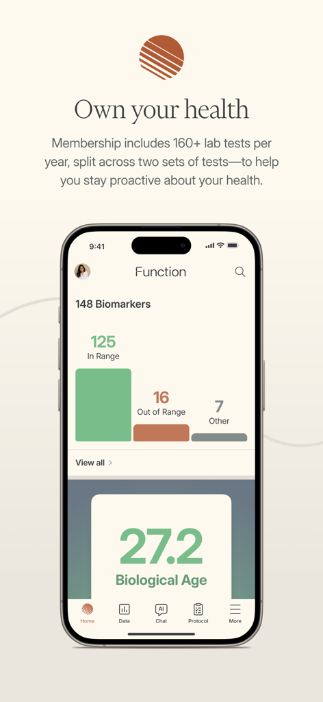 Function Health app dashboard showing biological age and biomarker test results