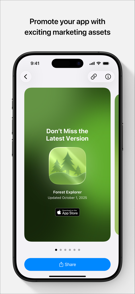 App Store Connect - iPhone-Bildschirm, der die Funktion zum Erstellen und Teilen von Marketingmaterialien für App-Werbung in App Store Connect zeigt.