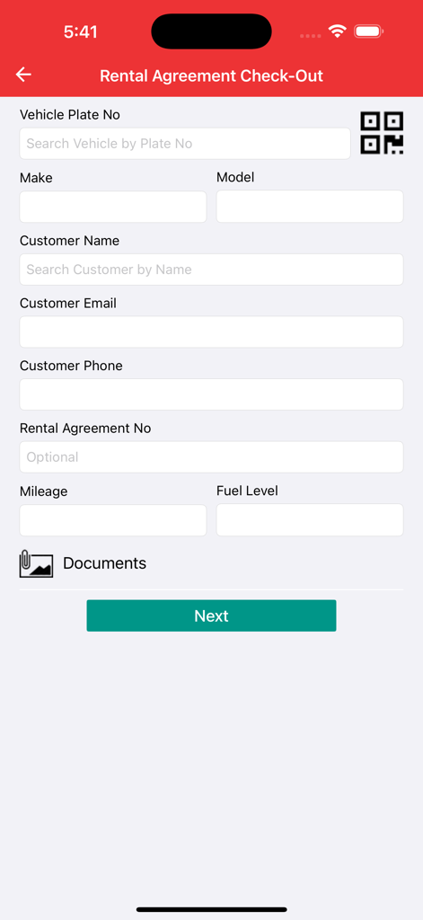 Formulario de pago de acuerdo de alquiler en la aplicación VMI que muestra campos para detalles del vehículo, información del cliente, kilometraje y nivel de combustible.