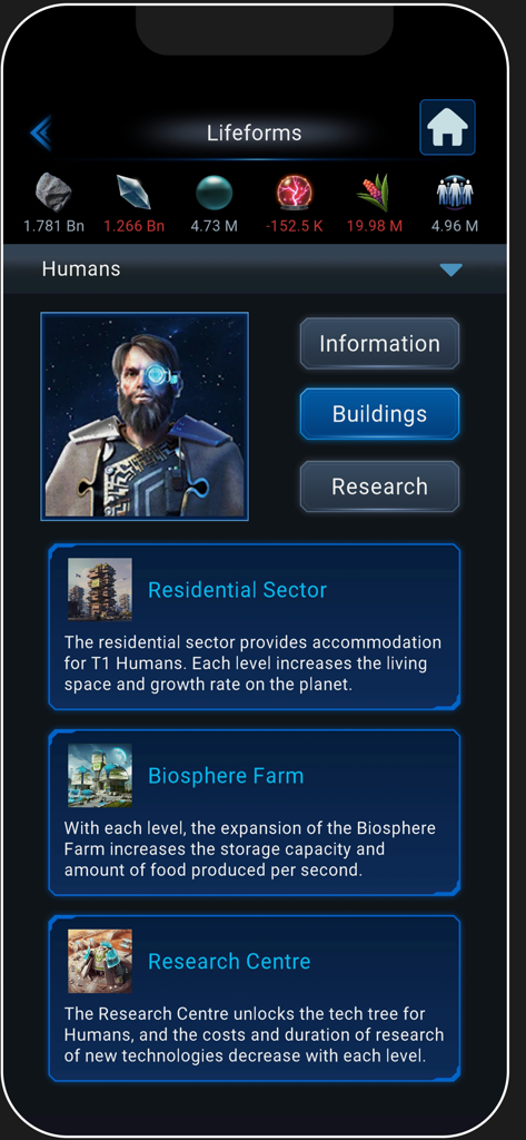 OGame - Interfaccia dell'app mobile OGame che mostra il menu della forma di vita Umani con opzioni per edifici del settore residenziale, fattoria biosferica e centro di ricerca