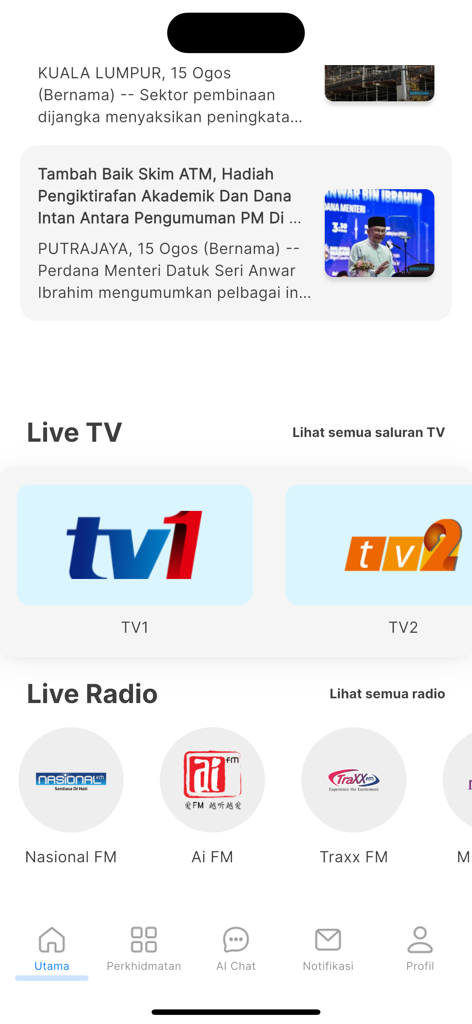 MyGOV Malaysia - MyGOV Malaysia mobile app screen displaying government news and live TV and radio streaming options