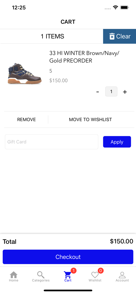 Carrello dell'app Ewing Athletics con un paio di sneaker 33 HI WINTER e pulsante di checkout