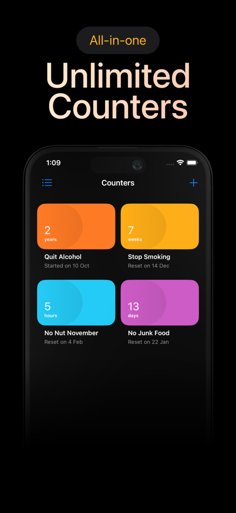 Days Since: Quit Habit Tracker - Interfaz de la aplicación Days Since que muestra múltiples contadores coloridos para seguir el tiempo transcurrido desde que se dejaron hábitos como el alcohol y el tabaco.
