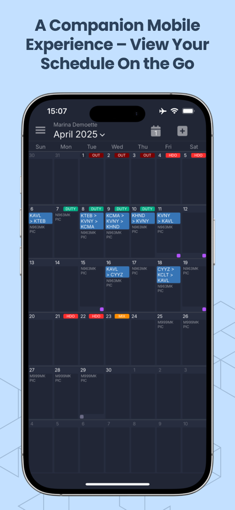 Avianis - Avianis mobile app pilot flight schedule and duty calendar view