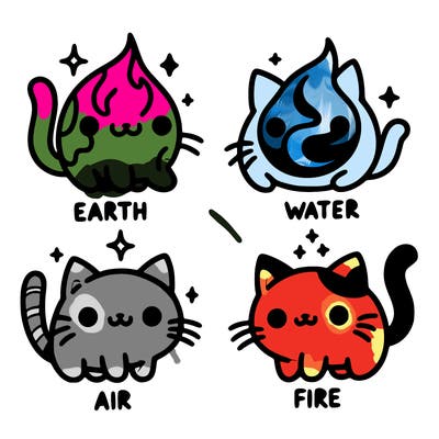 4 cats that represent the different elements, earth, water, air, and fire