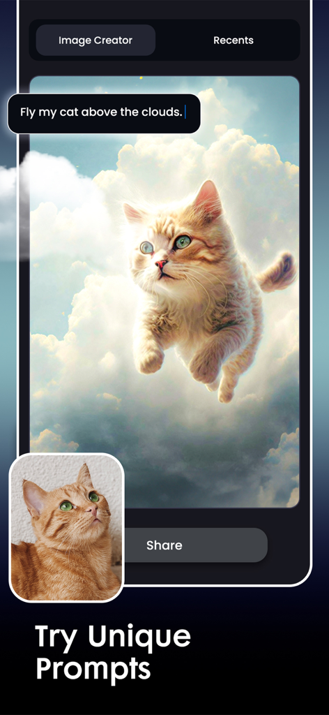 テキストプロンプトに基づき、雲の中を飛ぶ猫の生成画像を表示するAIアプリインターフェース