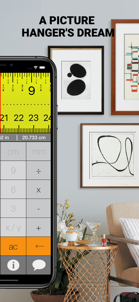 Tape Measure Calculator Pro - Smartphone displaying the Tape Measure Calculator Pro app interface for home decoration and picture hanging