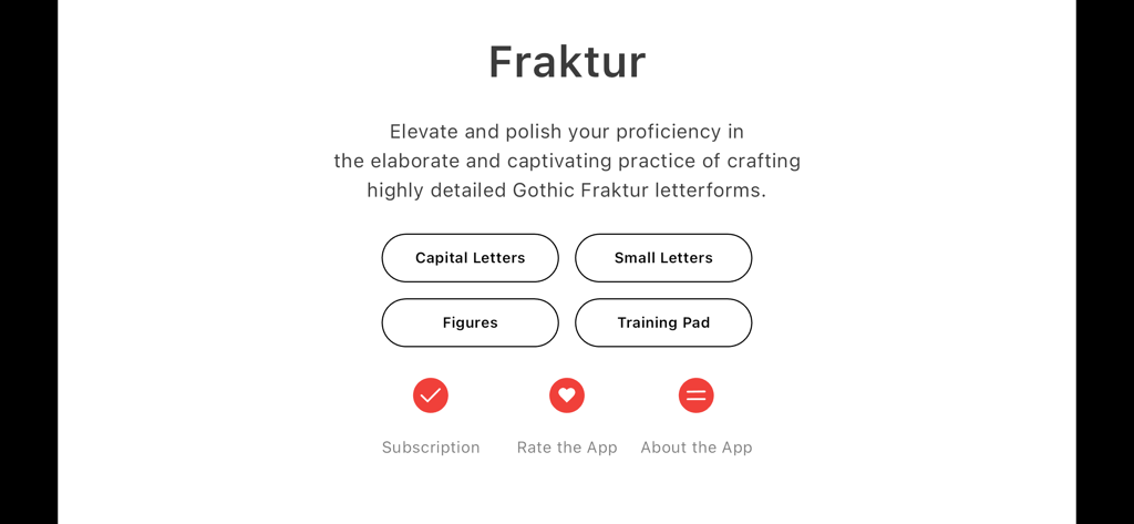 Gothic Fraktur - Menu principal do aplicativo de caligrafia Gótico Fraktur mostrando módulos de prática para letras e números