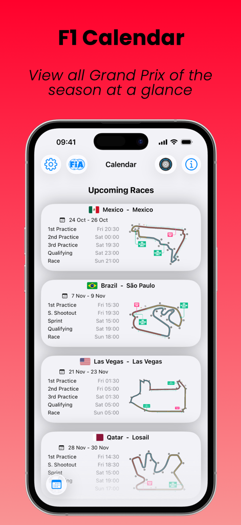 SpeedTrack F1 Widgets - A mobile app screen displaying the F1 race calendar with upcoming Grand Prix schedules and track layouts for Mexico, Brazil, Las Vegas, and Qatar.