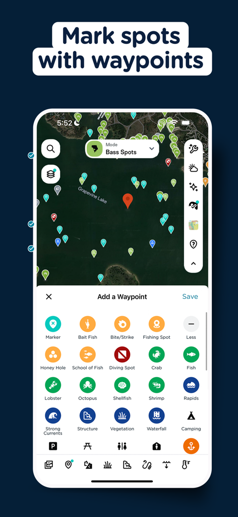 FishAngler app interface displaying a satellite fishing map with various custom waypoint markers and an add waypoint menu.