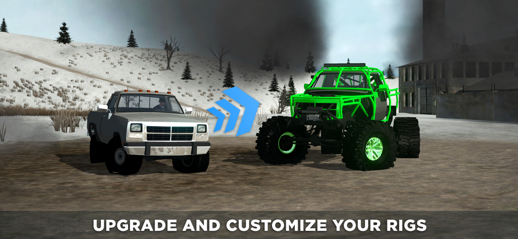Un camión estándar comparado con un monster truck verde altamente personalizado en un entorno todoterreno nevado