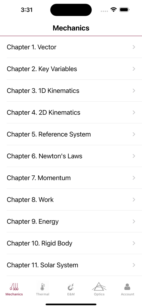 Physics Master - Physics Master app interface showing the mechanics curriculum list