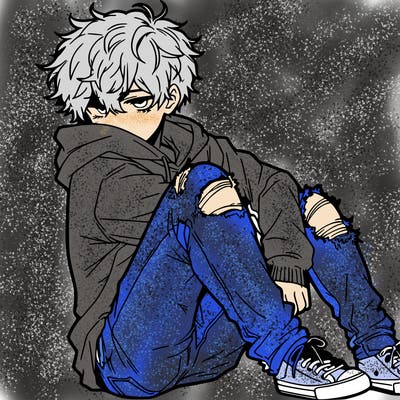 a male hoddie ripped jeans messy hair anime