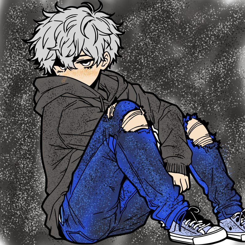 a male hoddie ripped jeans messy hair anime