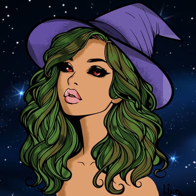 realistic witch girl with wavy hair and lips