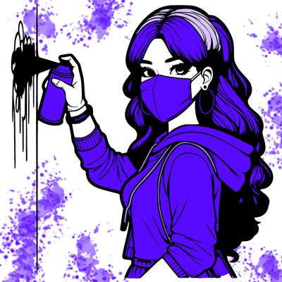 realistic girl with mask spray painting a wall